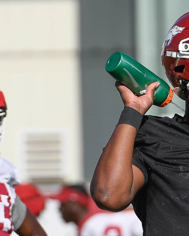 Razorbacks quarterback KJ Jefferson during Tuesday's practice outdoors in Fayetteville